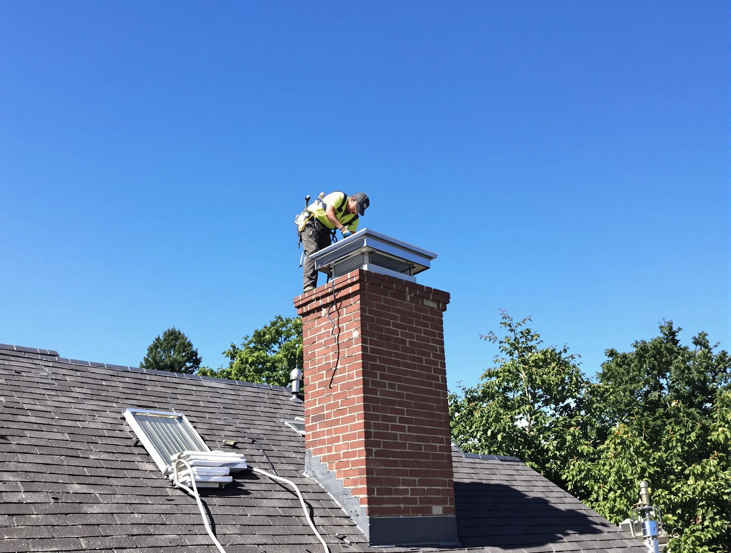 Birmingham Chimney Sweep technician measuring a chimney cap in Birmingham, AL
